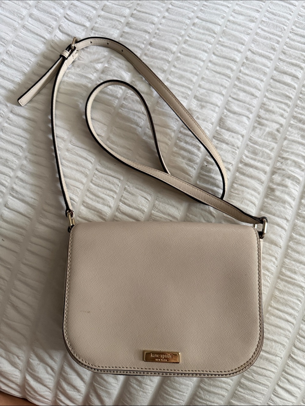 kate spade Neutral Beige Leather Crossbody with Gold Logo Plate